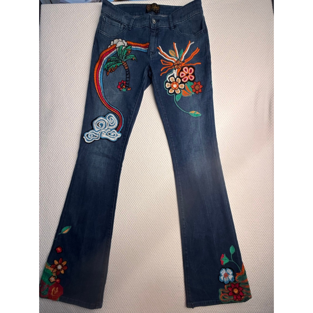 Women Seafarer Blue Multicolor Embroidered Flare Jean Sz 28
